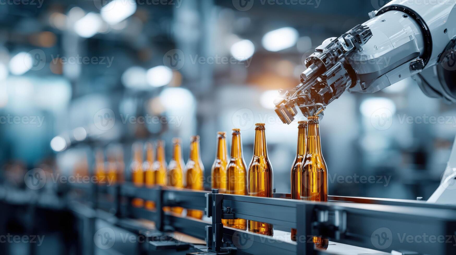 Automated Bottling Line Robotic Arm Handling Glass Bottles in a Modern Factory Setting photo