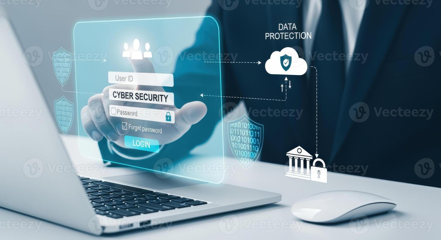 Data Protection Concept Businessman Using Laptop with Cyber Security Interface for Secure Cloud Access photo