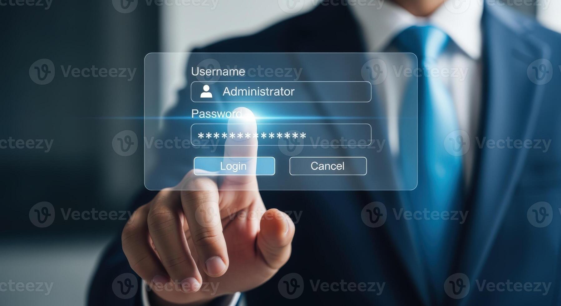 Login Interface with a Businessman, Displaying Username and Password Prompt for System Access photo