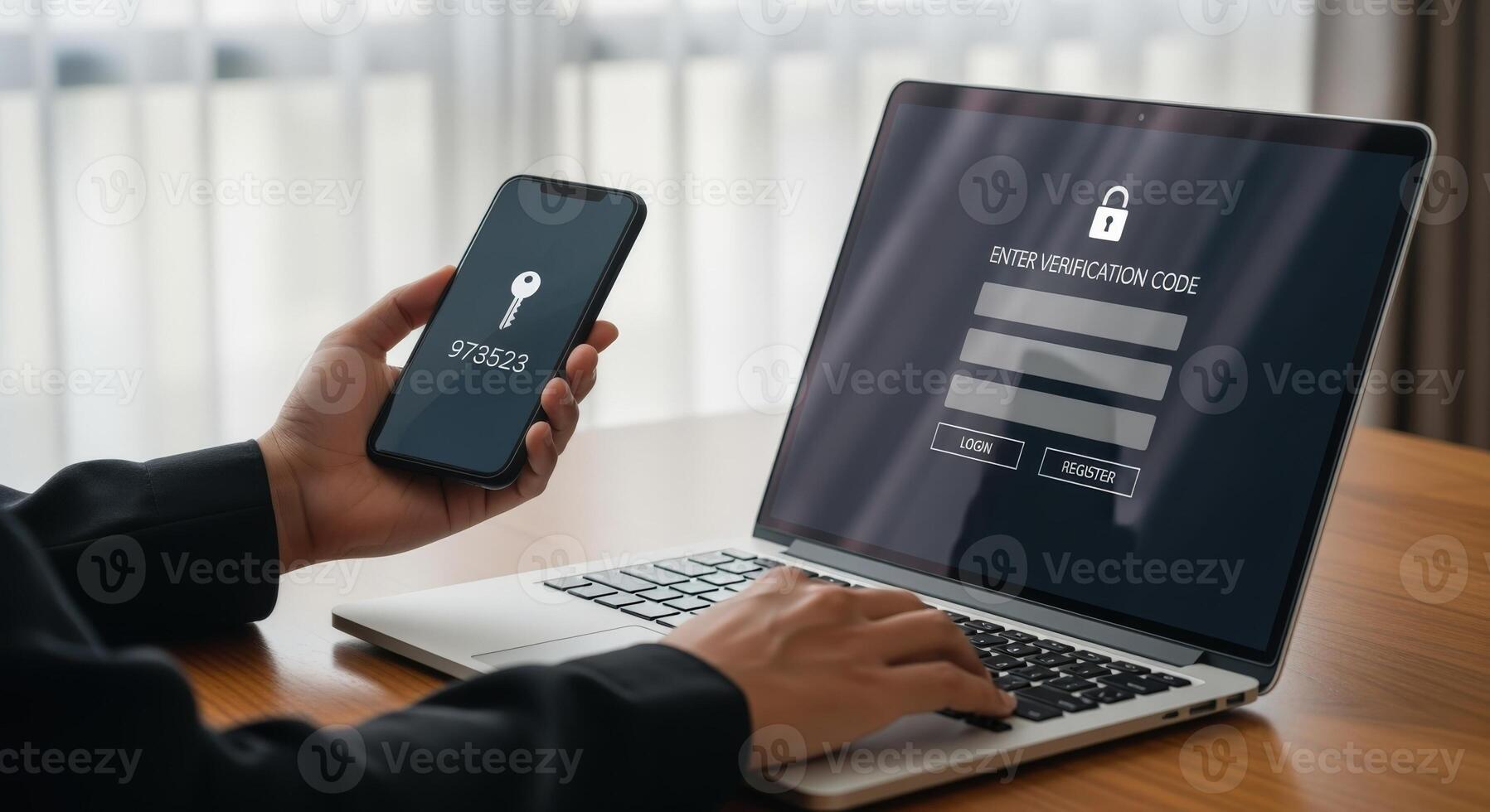 Two-Factor Authentication Man Using Phone and Laptop for Secure Login with Code Verification photo