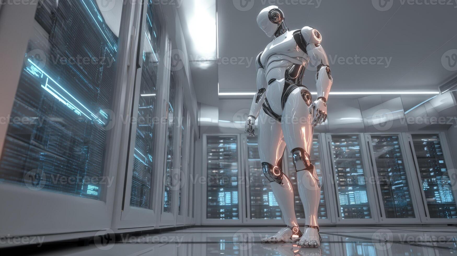 Futuristic Robot Figure Standing in Modern Server Room, Artificial Intelligence Integration and Technology Automation photo