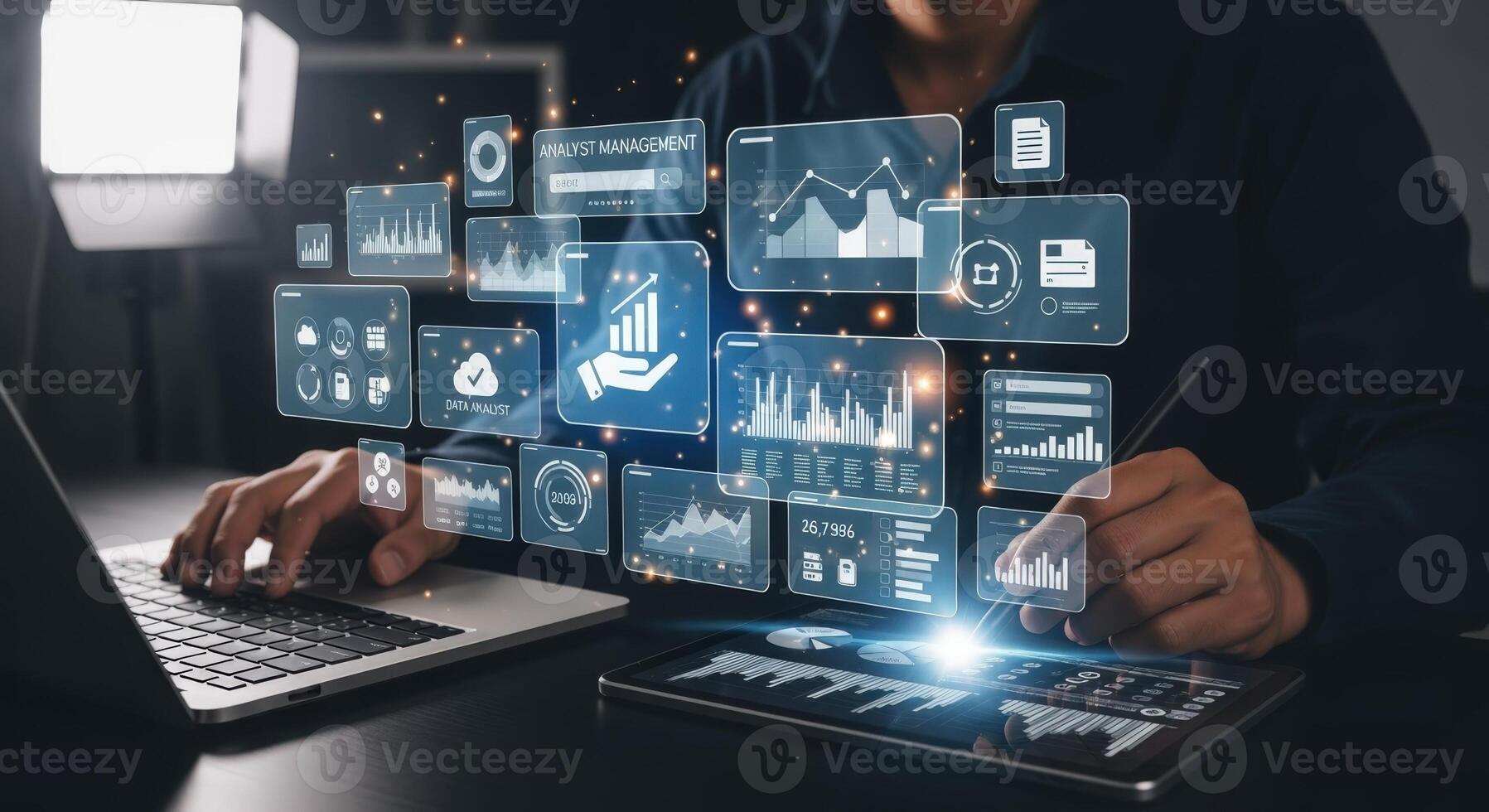 Data Visualization Business Analyst Interacting with Digital Financial Charts and Graphs on Multiple Devices photo