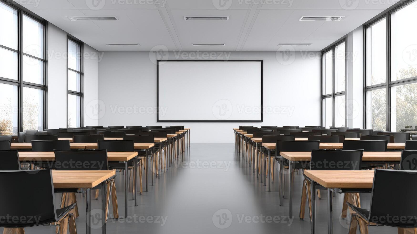 Bright Modern Classroom with Projector Screen, Tables and Chairs Ready for Lecture or Presentation photo