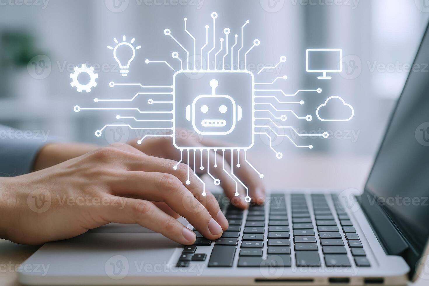 AI-Powered Laptop Hands on Keyboard with Robot Symbol, Representing Artificial Intelligence and Machine Learning Technology photo