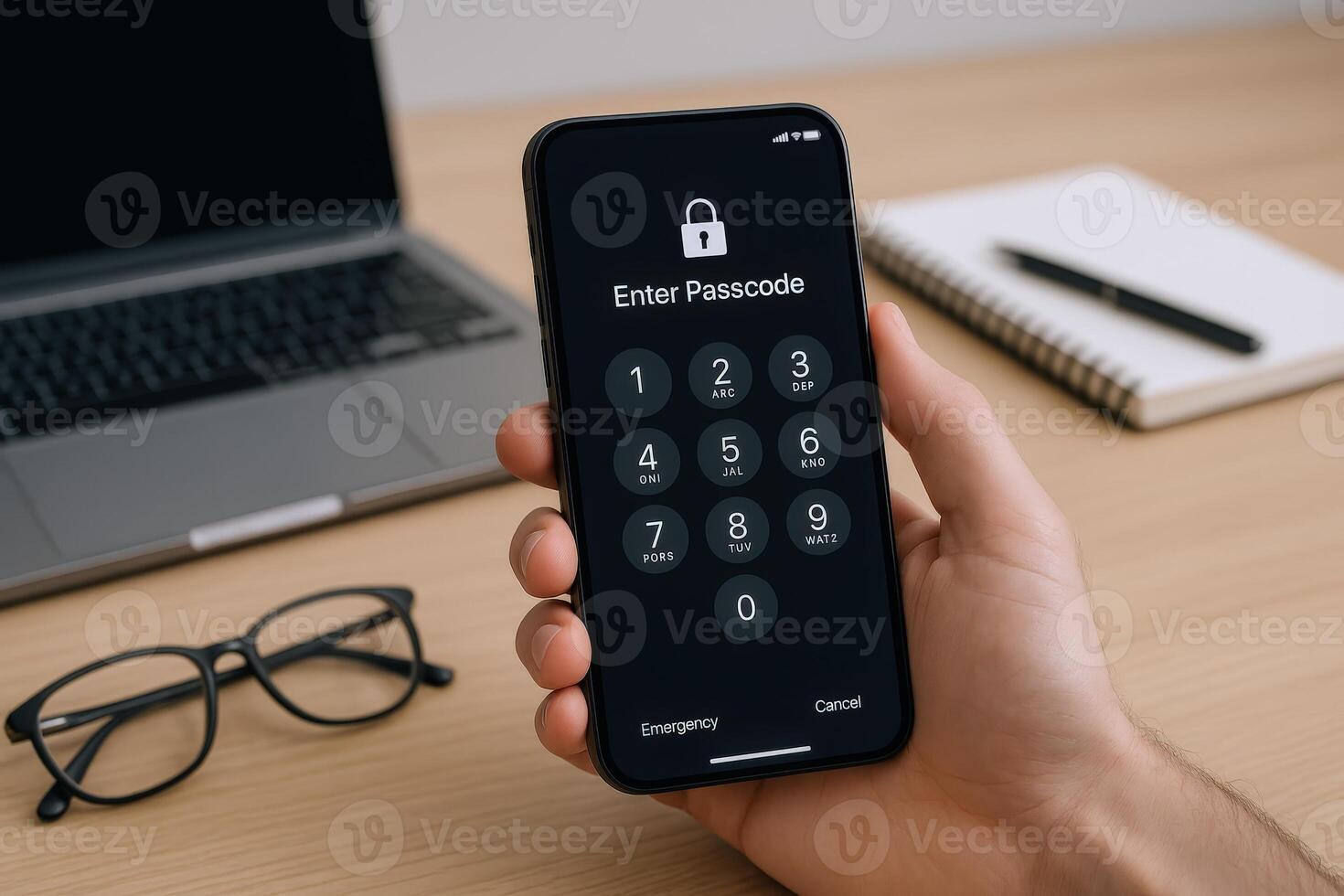 Secure Mobile Authentication Hand Holding Smartphone Displaying Passcode Entry for Data Protection and Privacy photo