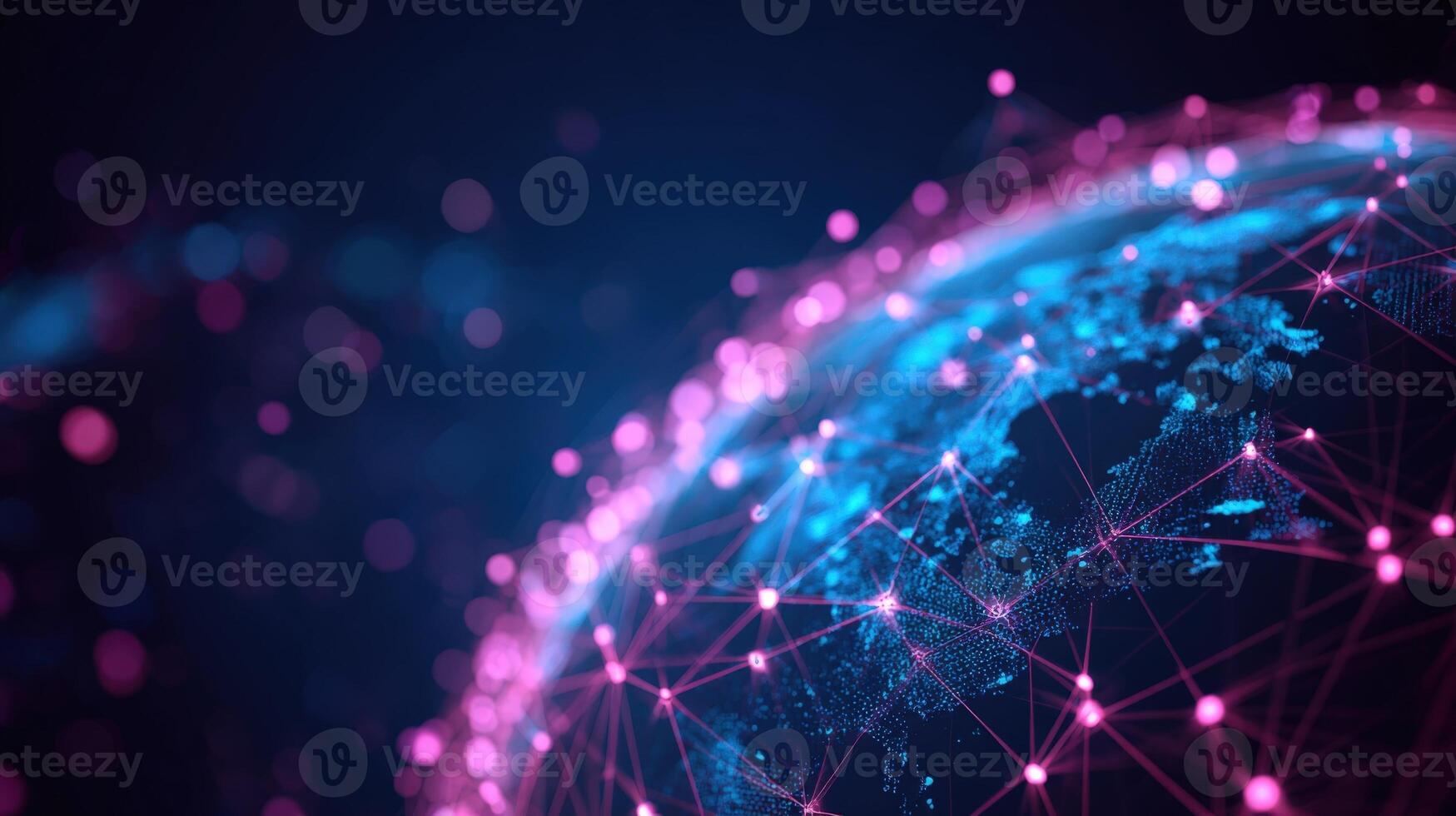 Global Network Connection Visualization with Pink and Blue Nodes Connecting Across a Digital Planet photo