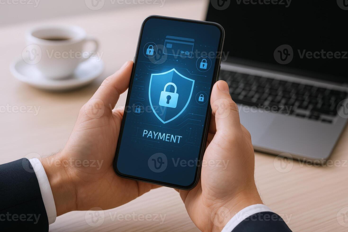 Secure Mobile Payment Concept Man Holding Smartphone with Security Shield and Payment Confirmation on Screen photo