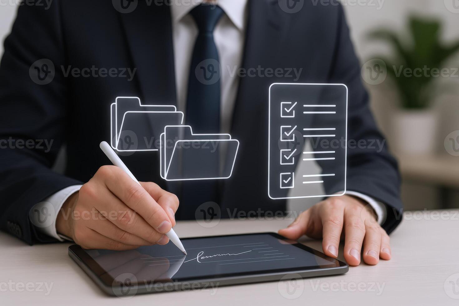 Digital Signature Workflow Business Professional Signing Documents on Tablet with Folder and Checklist Icon Overlay photo