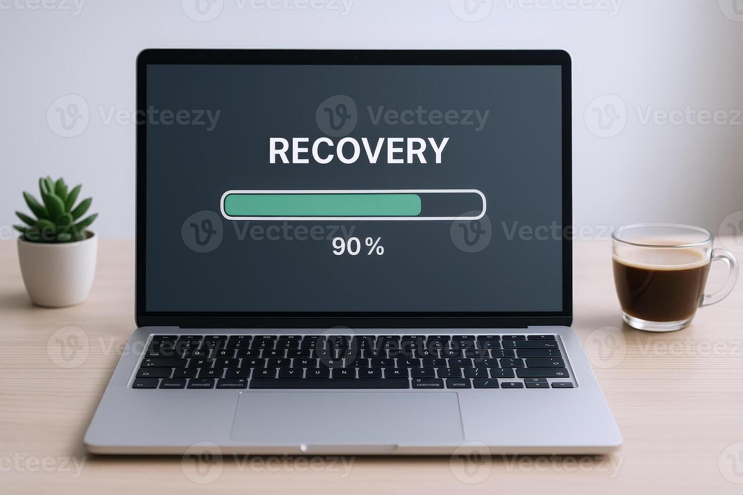 Laptop Showing Recovery Progress on Screen, Symbolizing Data Backup, System Restoration and Digital Technology photo