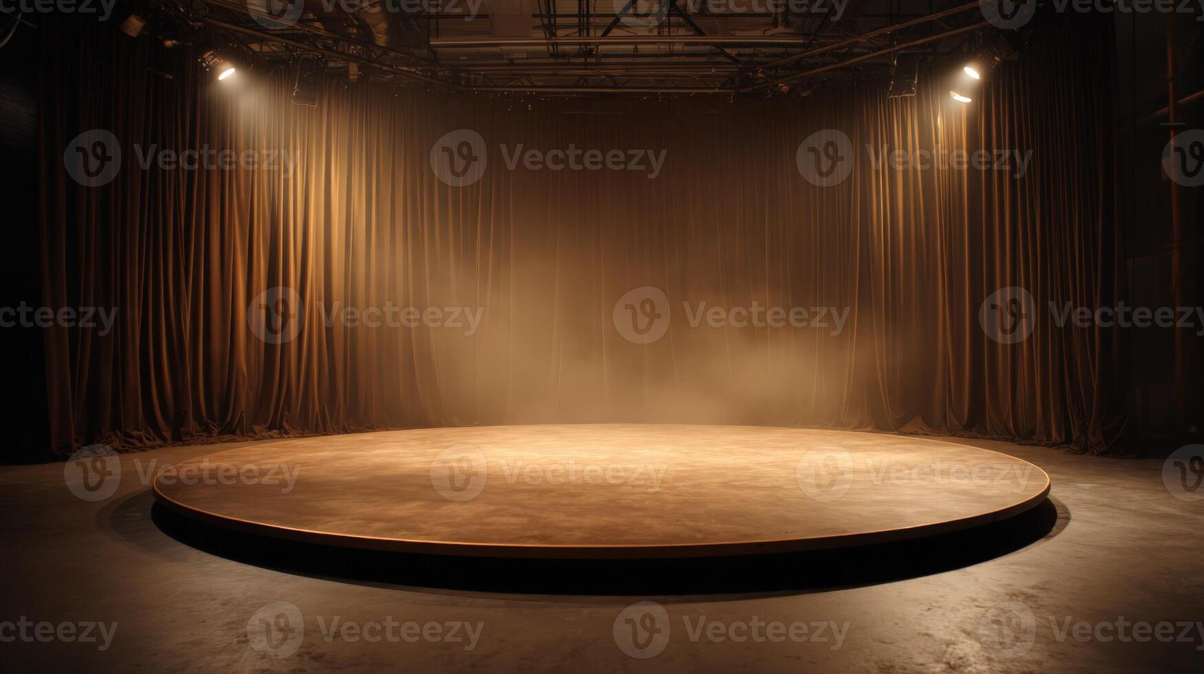 Empty Stage with Spotlight Illumination and Brown Curtains, Ideal for Performance or Presentation Backdrop photo