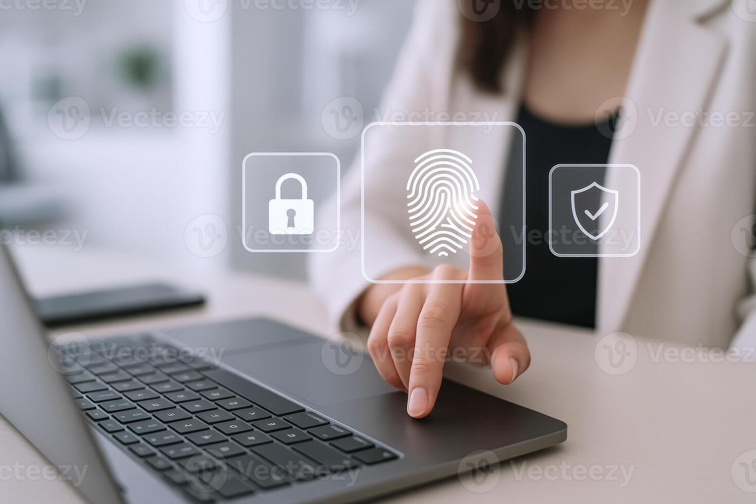 Fingerprint Authentication Woman Activating Security System on Laptop with Biometric Verification for Enhanced Data Protection photo