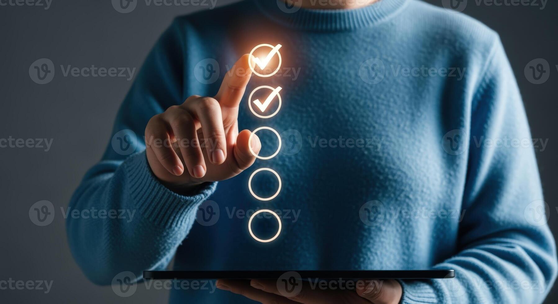 Completing Checklist on Digital Interface Man Taps Touchscreen with List of Tasks, Successfully Marking Progress photo