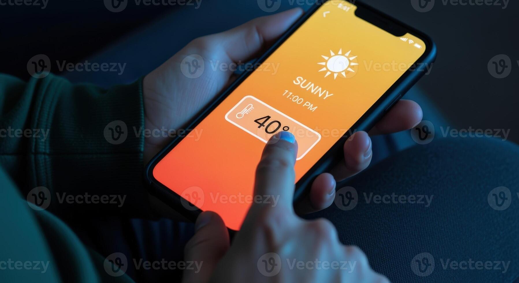 Mobile Weather App Displaying High Temperature Digital Forecast, Heatwave Alert on Smartphone Screen photo