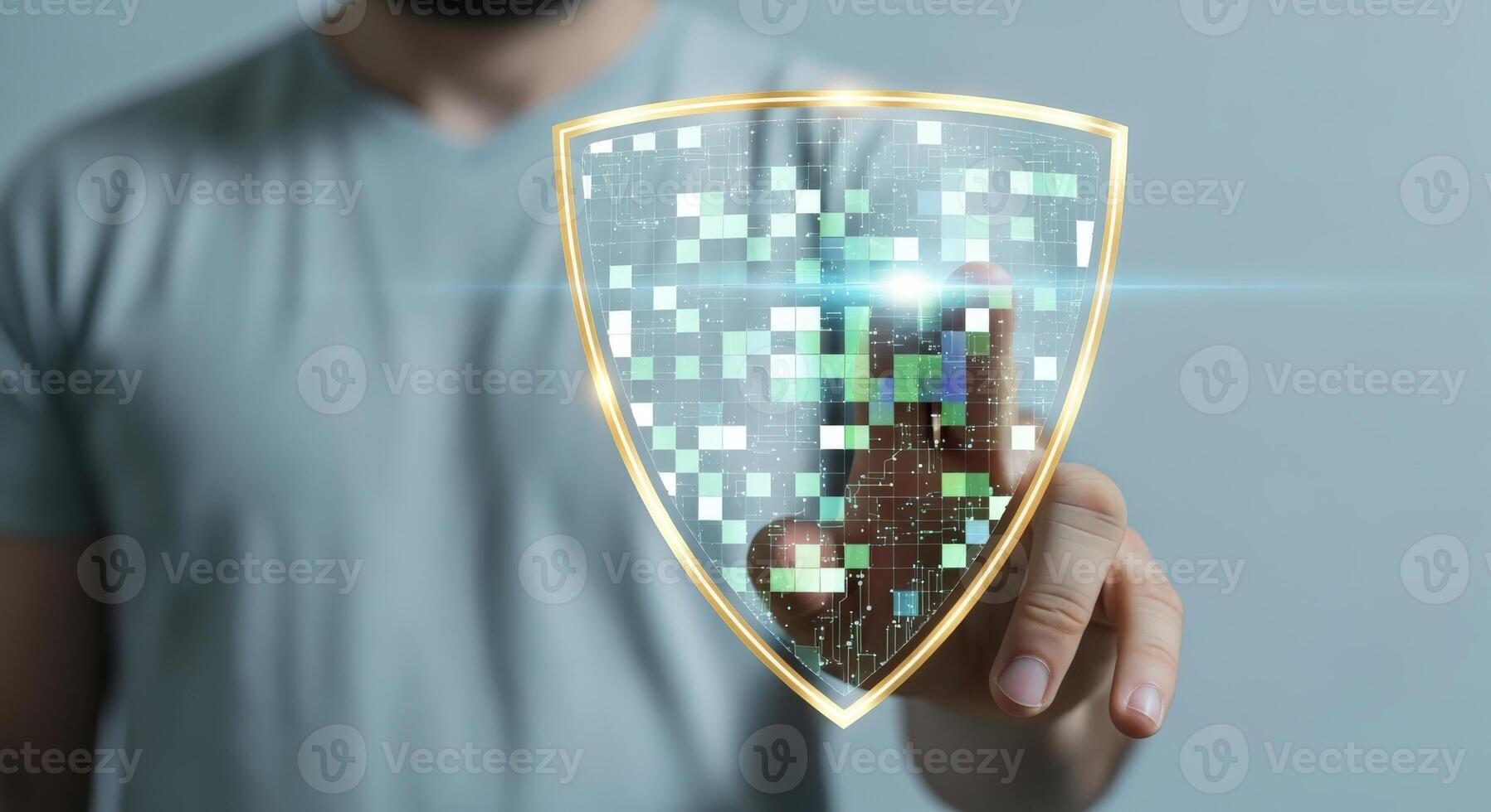 Person Interacting with Digital Shield Interface for Cybersecurity and Data Protection, Innovation, Technology photo
