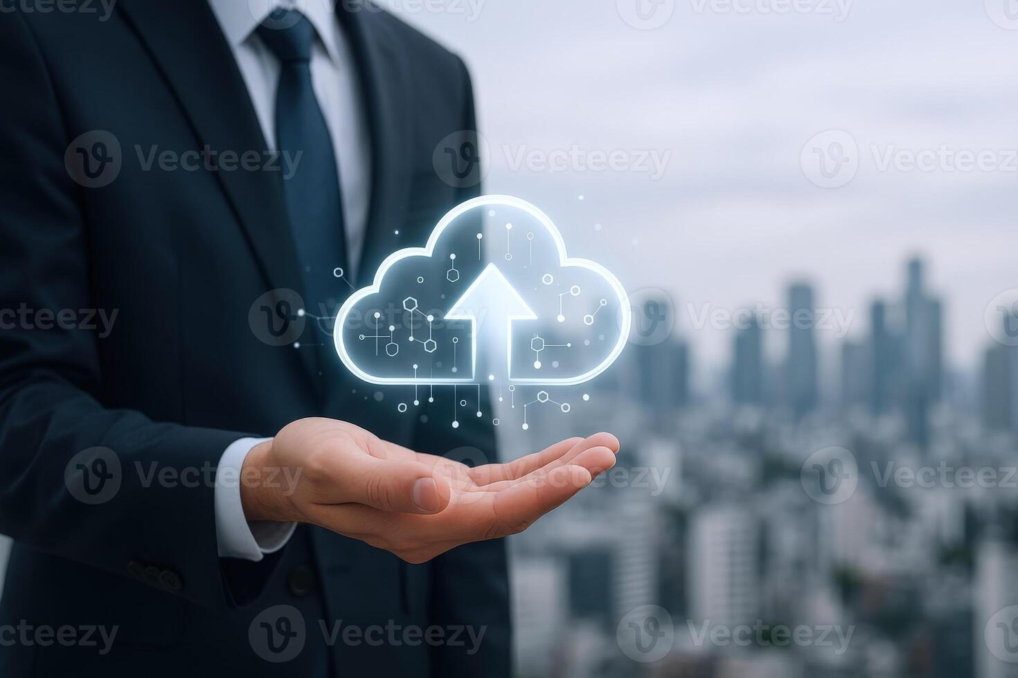 Cloud Computing Concept Businessman Presenting Data Upload Symbol with Cityscape Background, Representing Modern Technology photo
