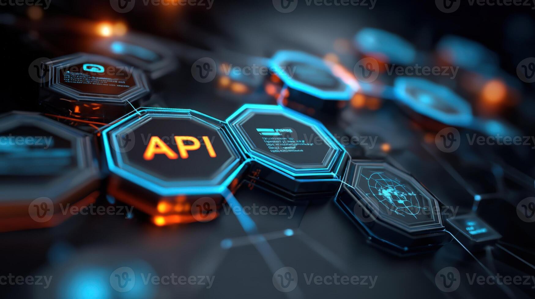 API hexagon technology concept with futuristic digital interface for application programming integration and development photo