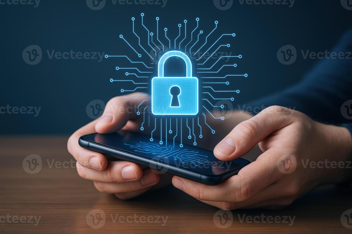 Mobile Security Concept Hands Holding Smartphone with Digital Lock Overlay Representing Data Protection and Cybersecurity photo