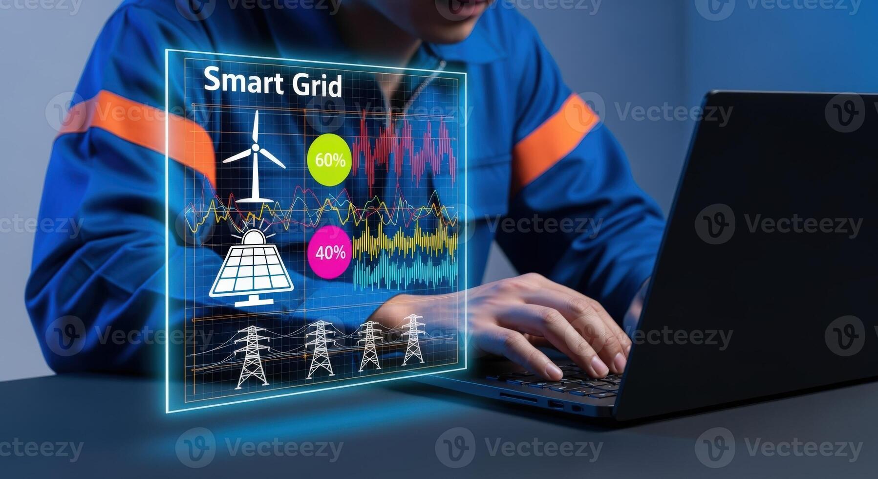 Engineer Monitoring Smart Grid Performance and Efficiency on Laptop, Analyzing Renewable Energy Integration and Distribution photo