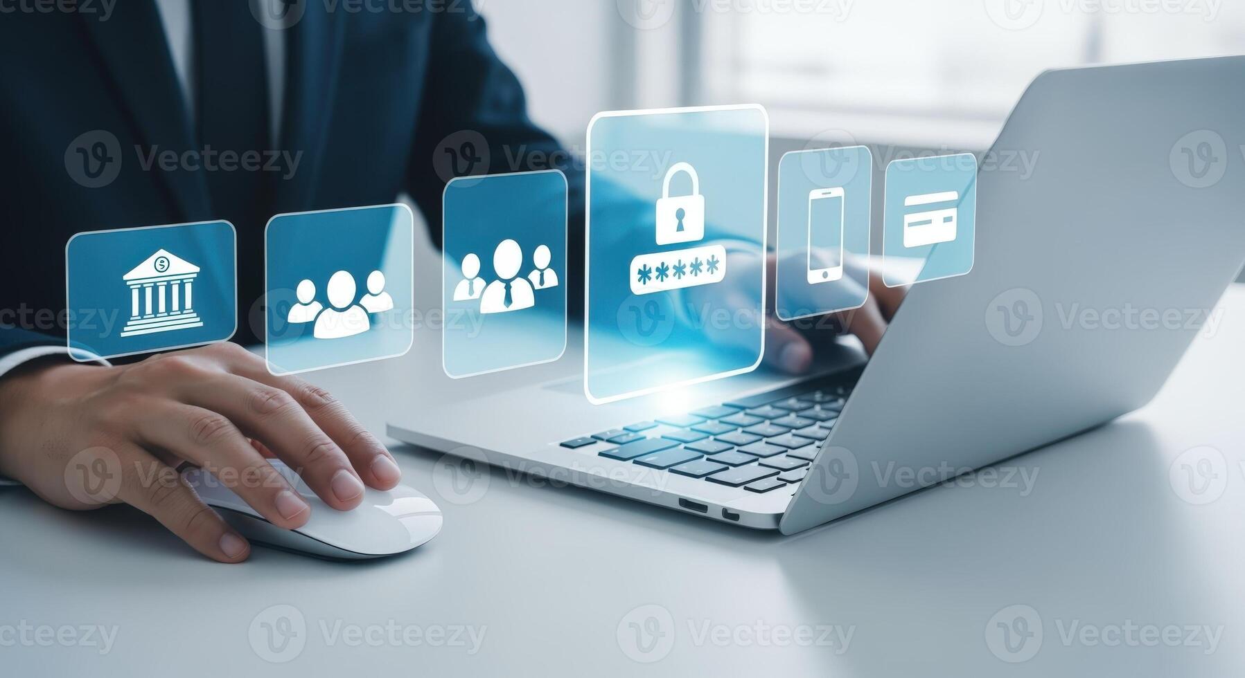 Data Security Management Businessman Using Laptop for Cybersecurity and Digital Protection Solutions photo