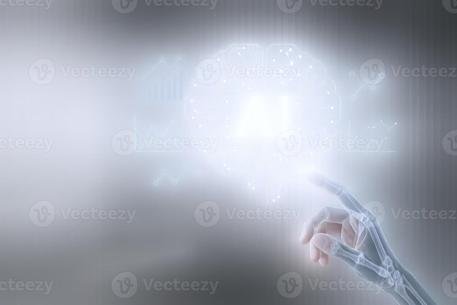 Artificial intelligence and business charts with hand touching screen over black backdrop for technology concepts photo