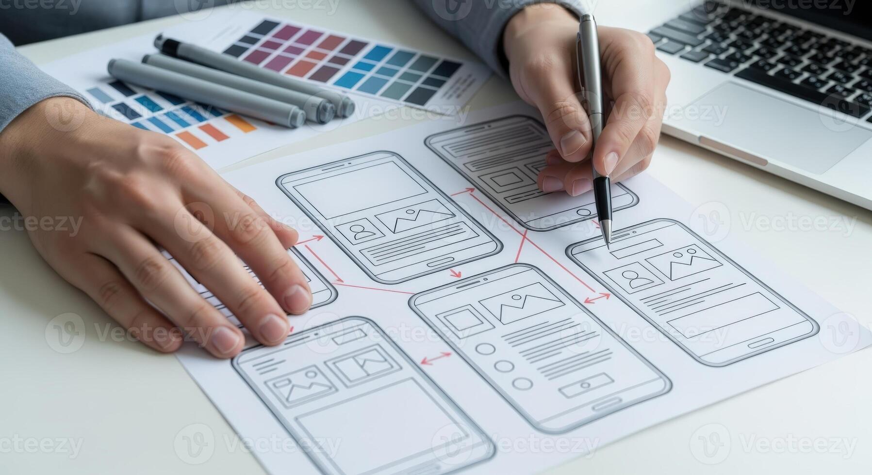 Hands sketching mobile app interface on paper, user experience design process concept, with color palette and laptop photo