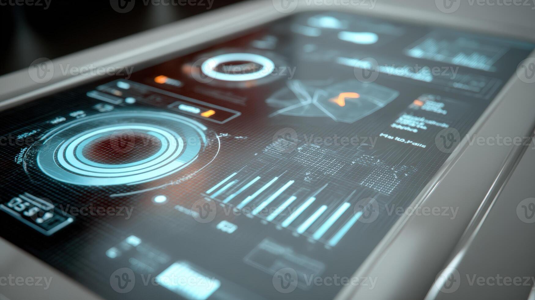 Futuristic Touchscreen Interface with Data Visualization, Technology, and Information Displays for Modern Technology Concepts photo