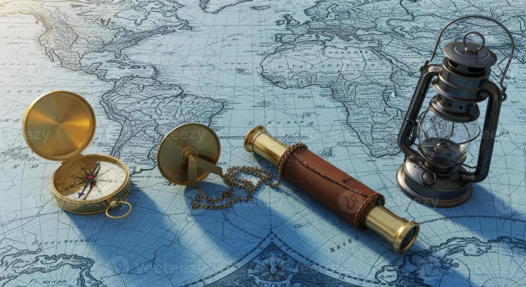 Antique Navigation Tools on World Map Background Compass, Spyglass, and Lantern for Exploration Concepts photo