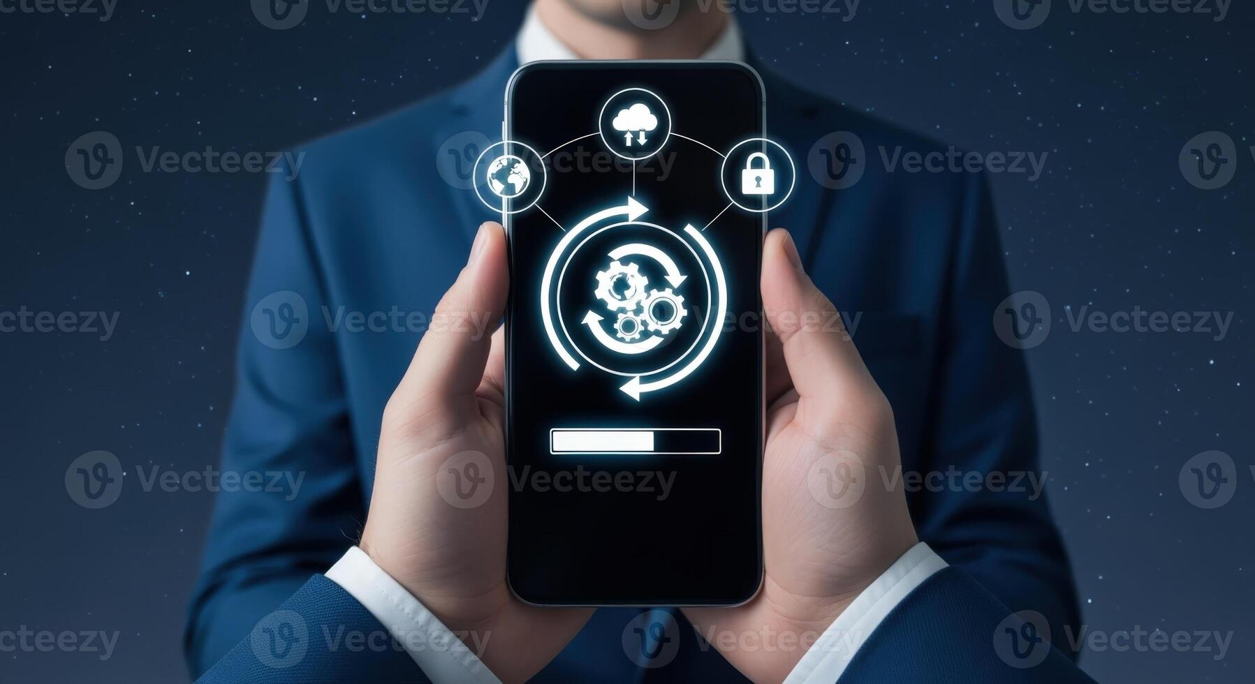Businessman Holding Smartphone Displaying Data Synchronization and Cloud Security Technology with Modern UI Design photo