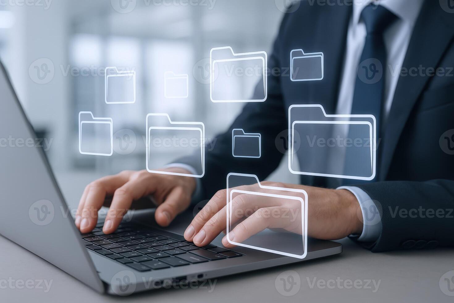 Data Management Businessman using Laptop with Digital Folders for File Organization and Document Storage Solutions photo
