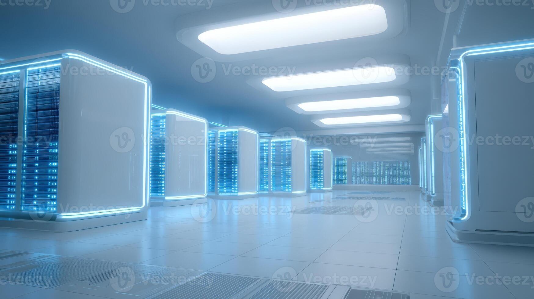 Data Center Interior with Rows of Server Racks Illuminating in Blue, Modern Technology and IT Infrastructure photo