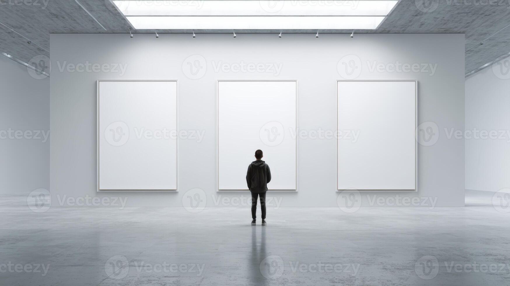 Person Viewing Three Blank Art Frames in Minimalist Gallery Space Featuring Concrete Architecture photo