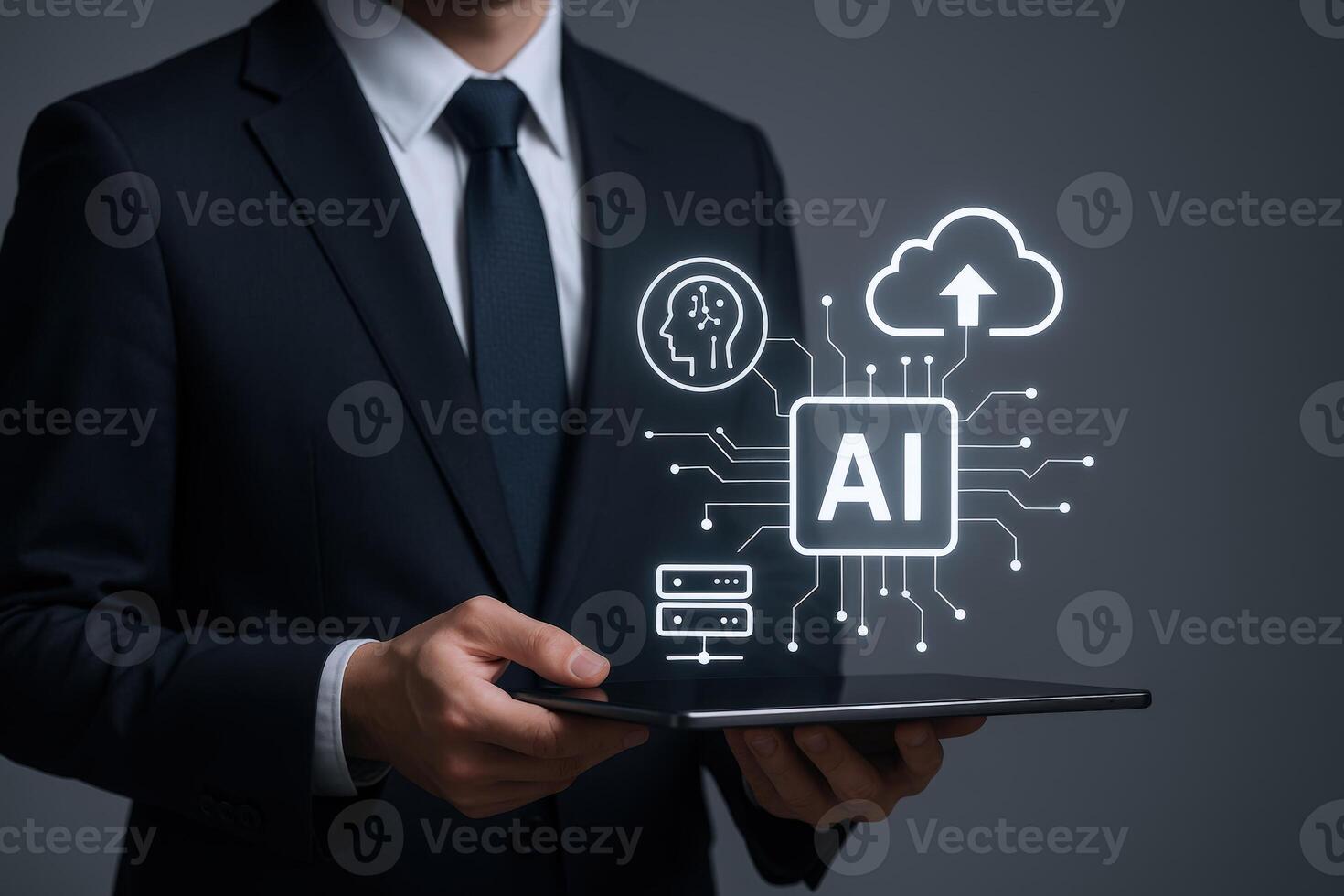 AI Technology Integration Businessman Holding Tablet Displaying Artificial Intelligence Interface, Cloud Computing and Data Servers photo