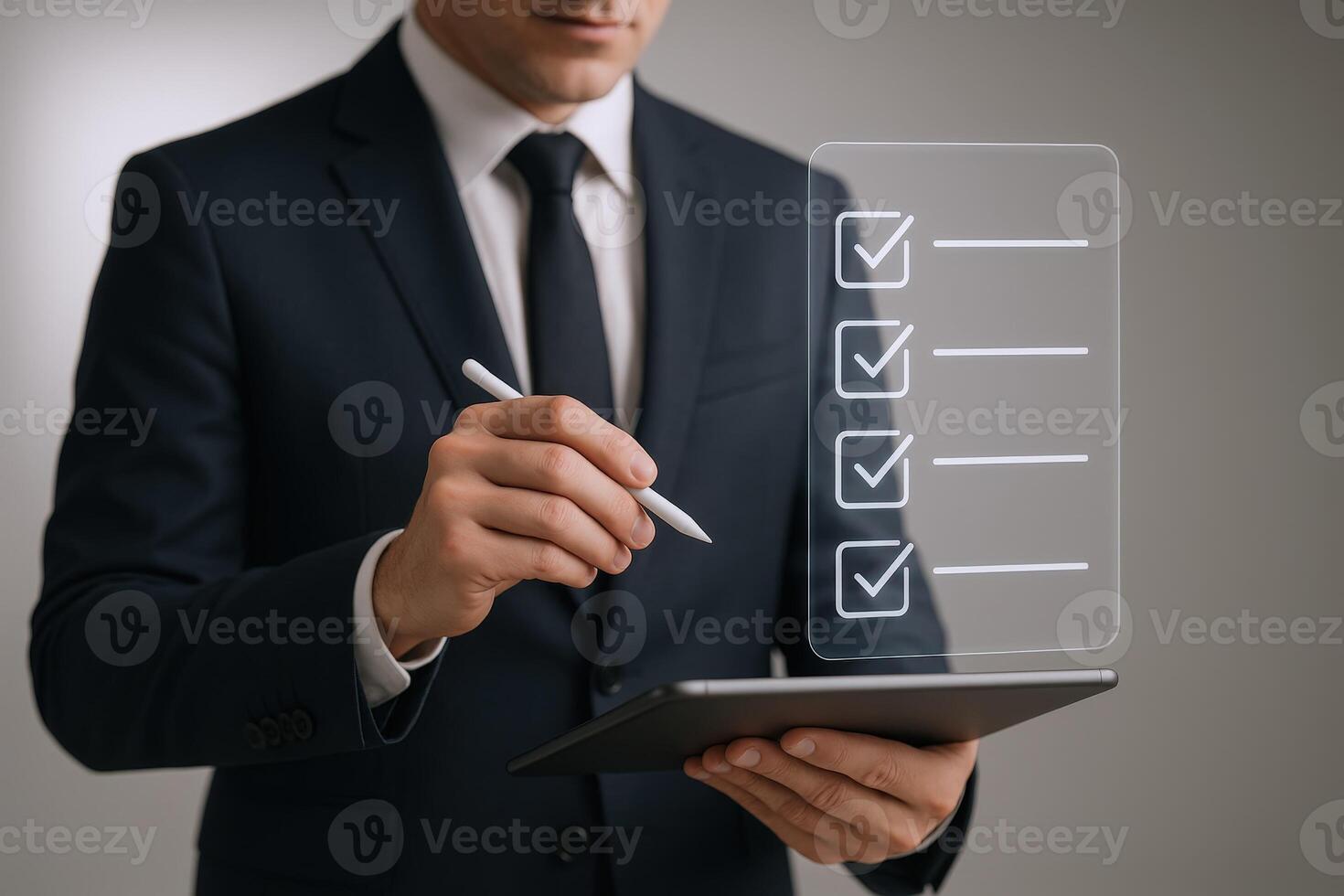 Professional Businessman Reviewing Digital Checklist on Tablet for Project Management and Task Completion in Suit photo