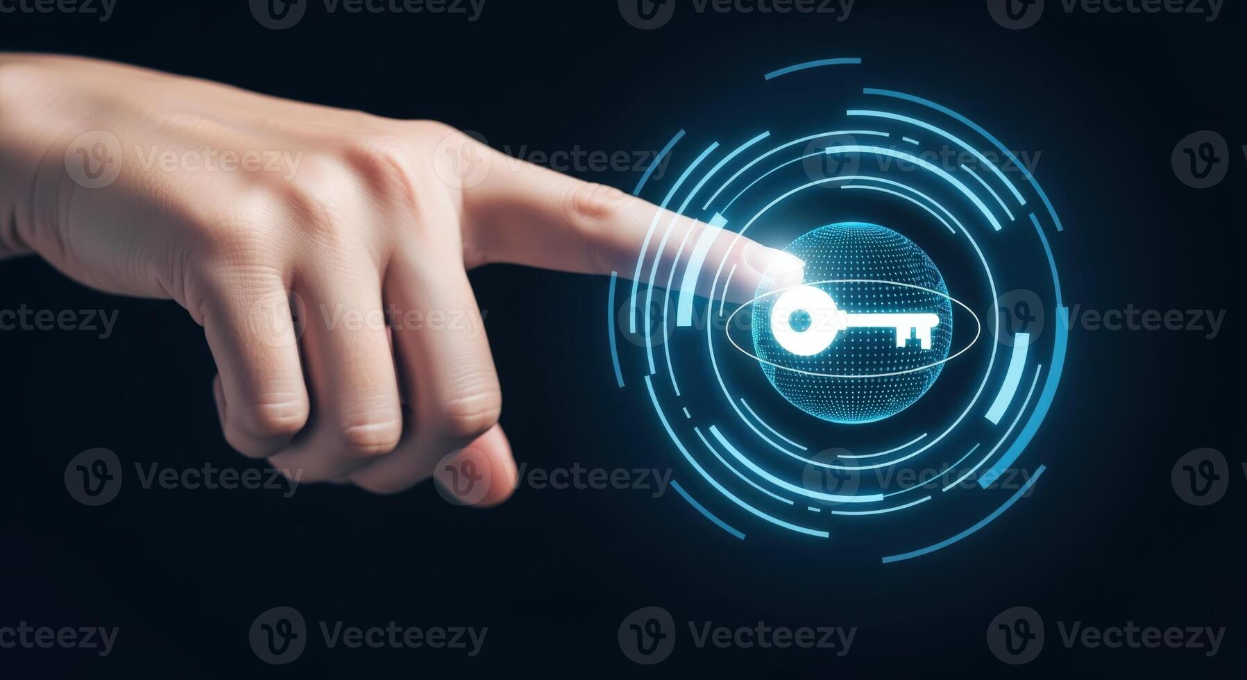 Finger activating digital key on futuristic interface representing access, security, technology and innovation photo