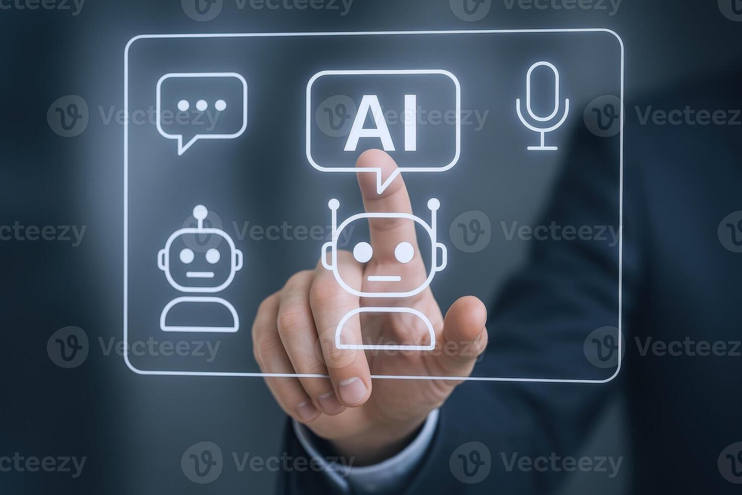 Artificial Intelligence Digital Interface Person Interacting with AI Chatbot, Speech Recognition and Data Analysis photo