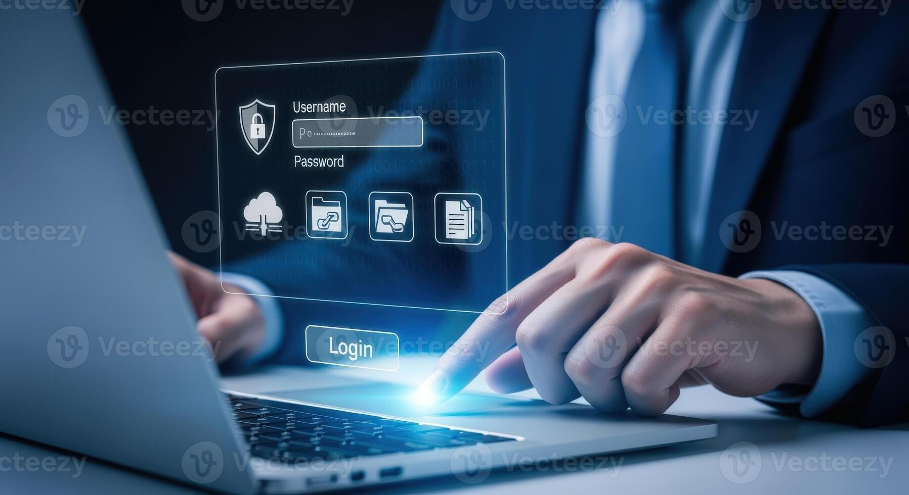 Cybersecurity Login Interface Businessman Accessing Secure System with Biometric Authentication and Data Protection Technology photo