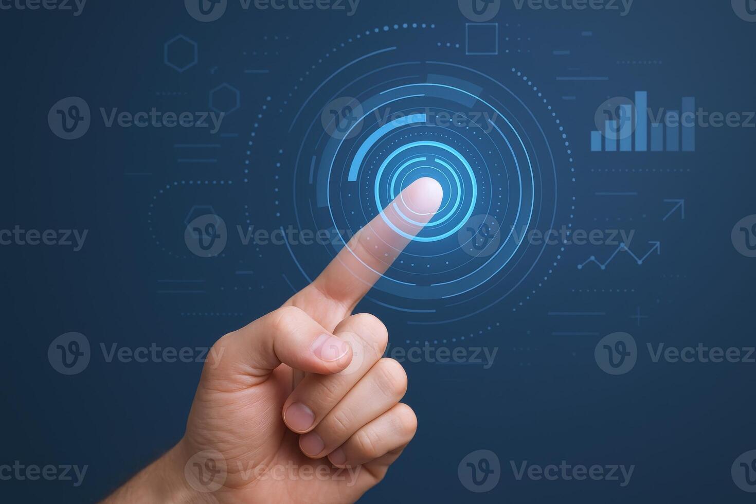 Human Finger Touching Digital Interface on Blue Background Representing Technology and Data Visualization photo