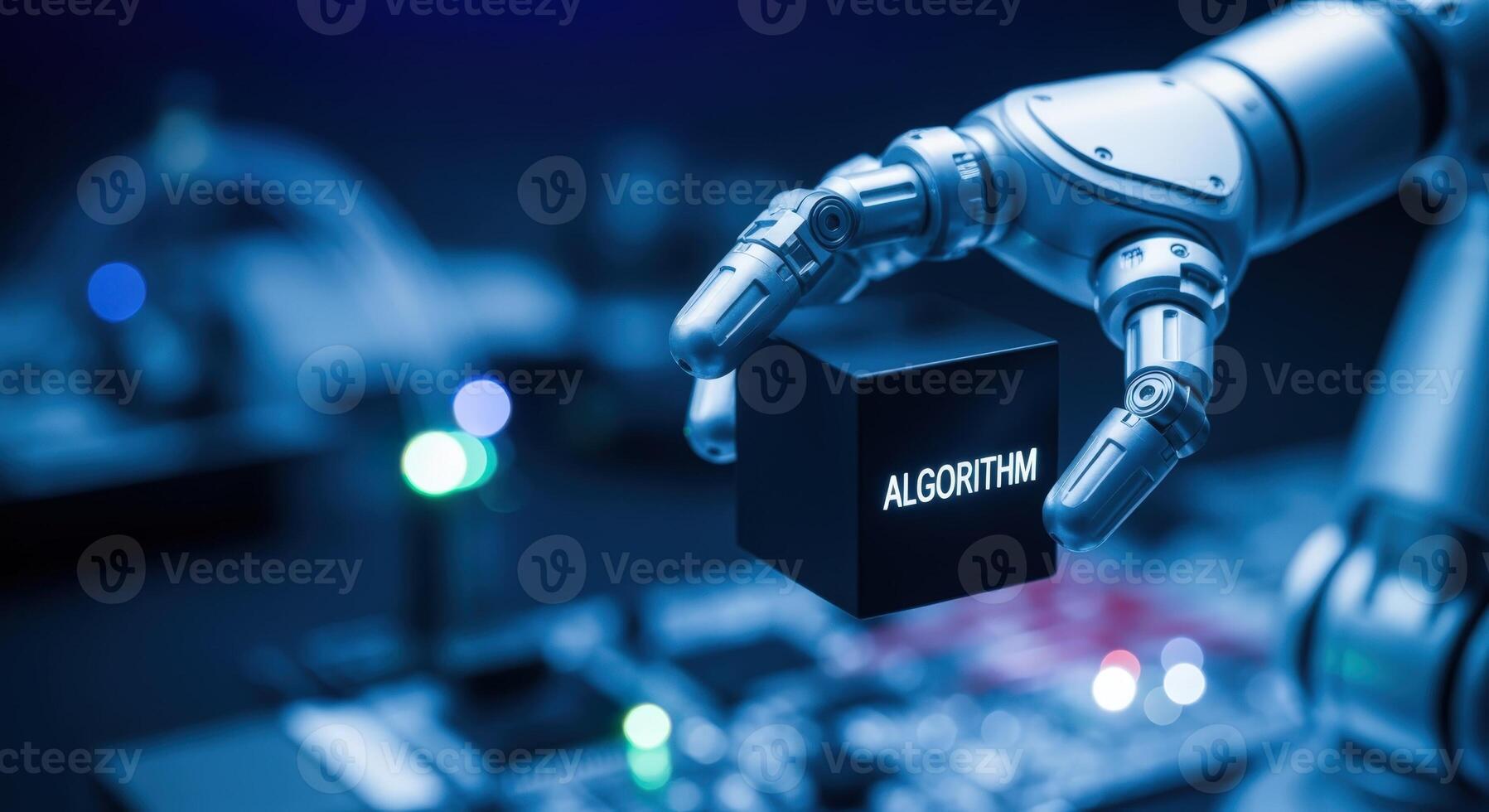 Robotic Arm Holding Algorithm Cube Artificial Intelligence and Automation Concept for Technology and Innovation photo