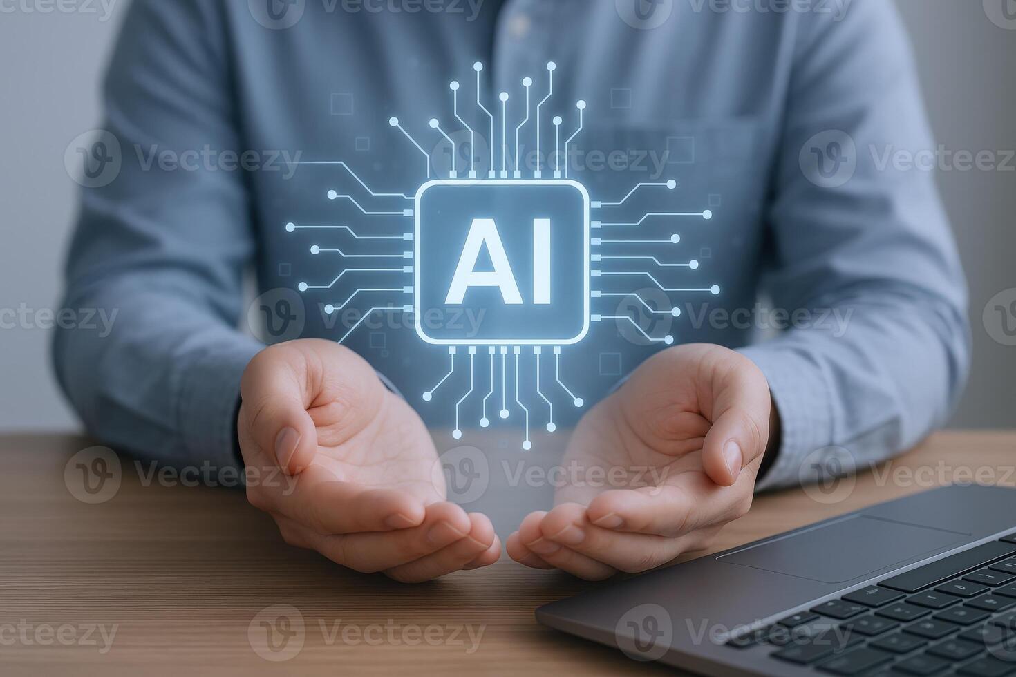 Artificial Intelligence Concept Hands Holding Digital Circuit Board Display, representing AI and Machine Learning Technology photo