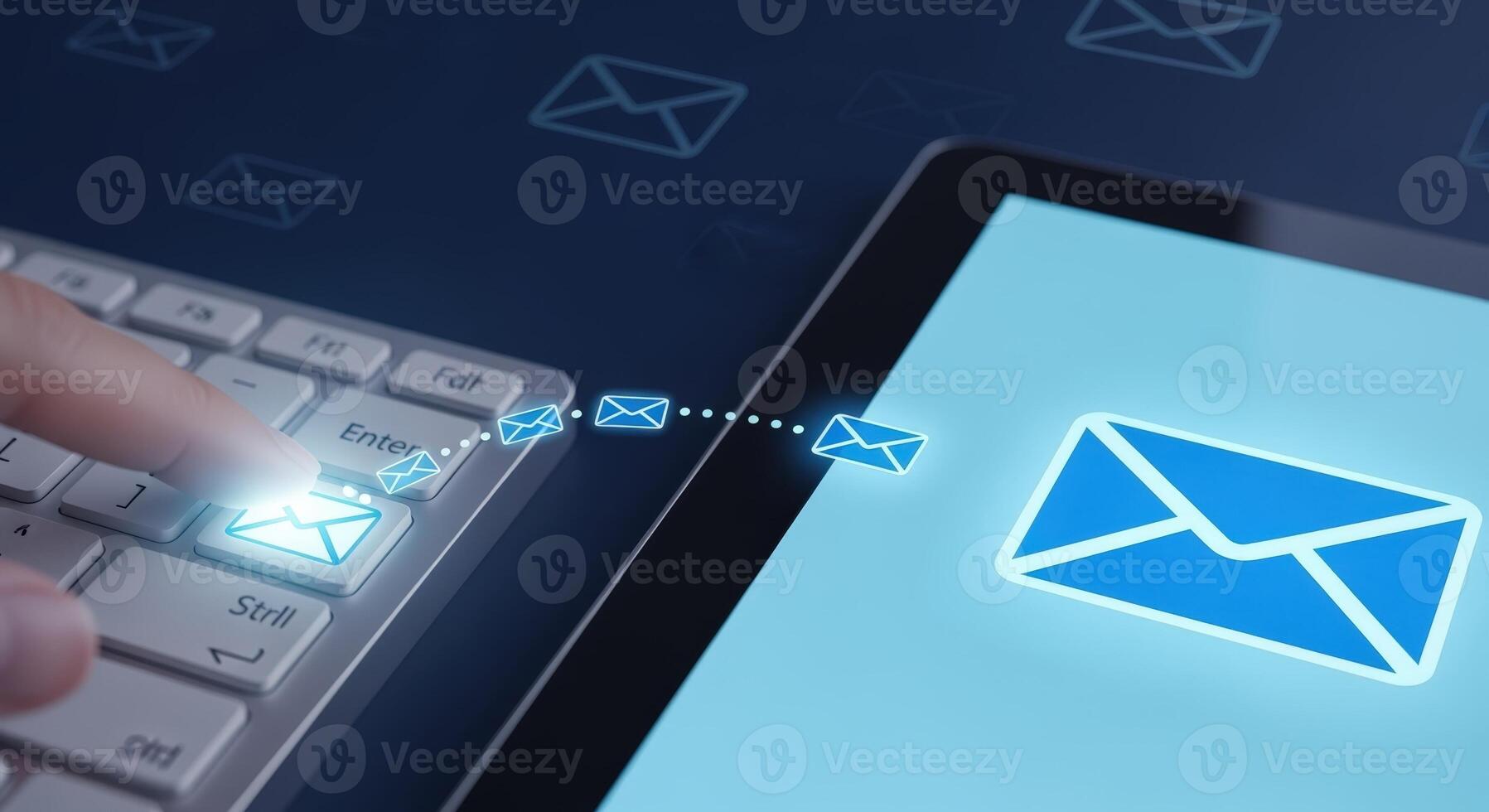 Email Marketing Concept Sending Messages from Keyboard to Tablet for Digital Communication Campaign photo