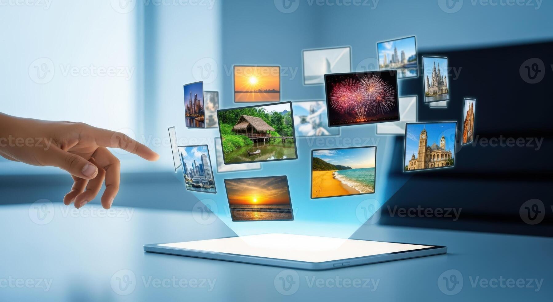 Digital Tablet Displaying Floating Images with Hand Touch, representing Technology, Travel, and Modern Communication photo