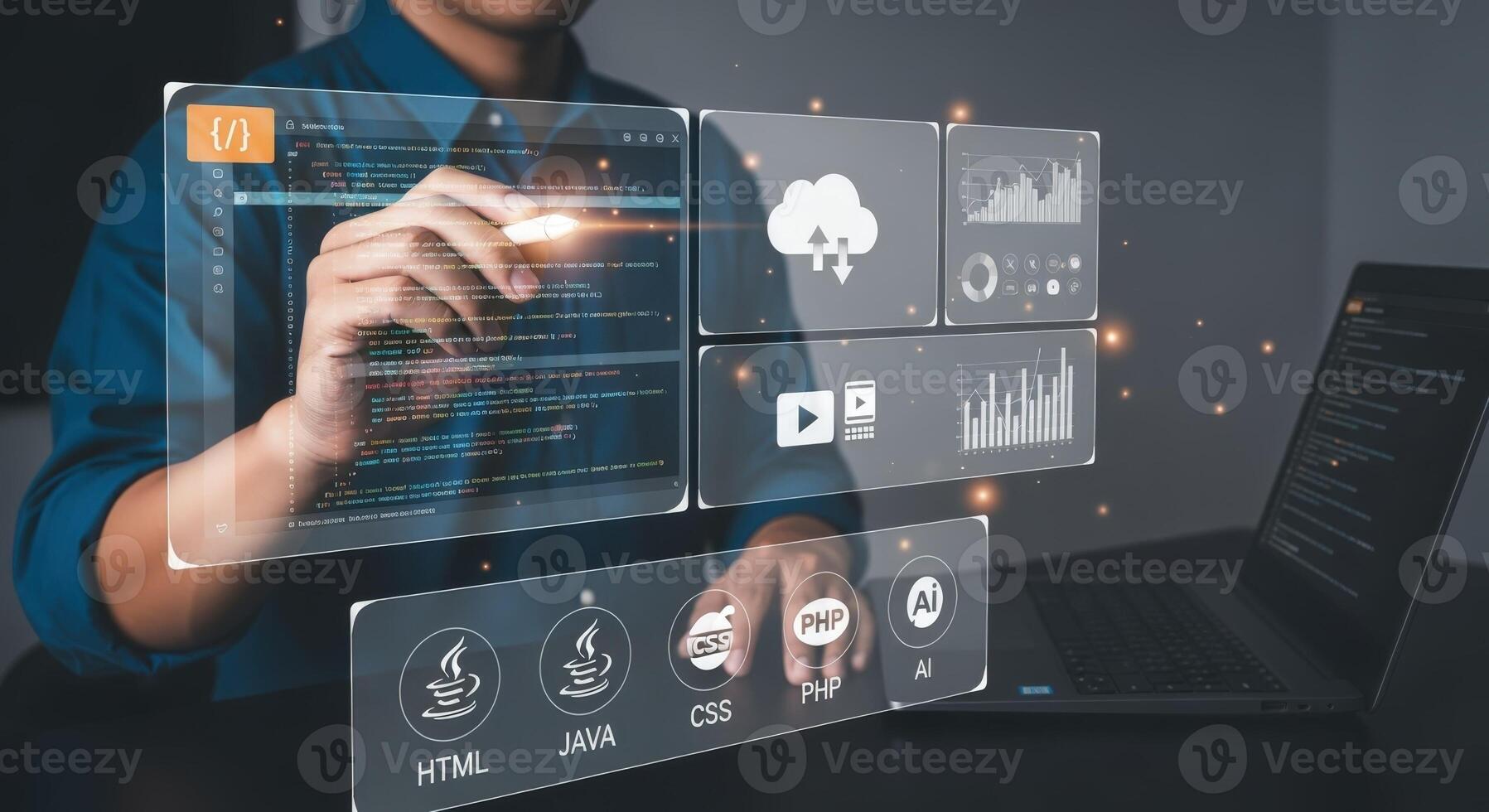 software desarrollador escritura código en transparente monitor con nube informática y artificial inteligencia foto