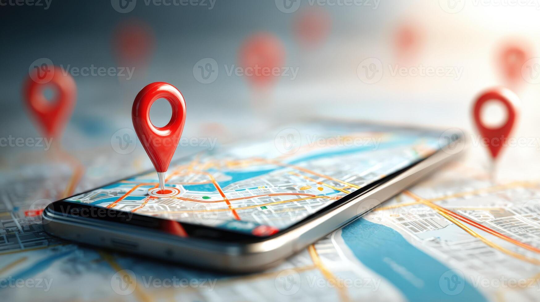 Location Pinpoints Displayed on Smartphone Device for Navigation, Mapping, and Location-Based Services Concept photo