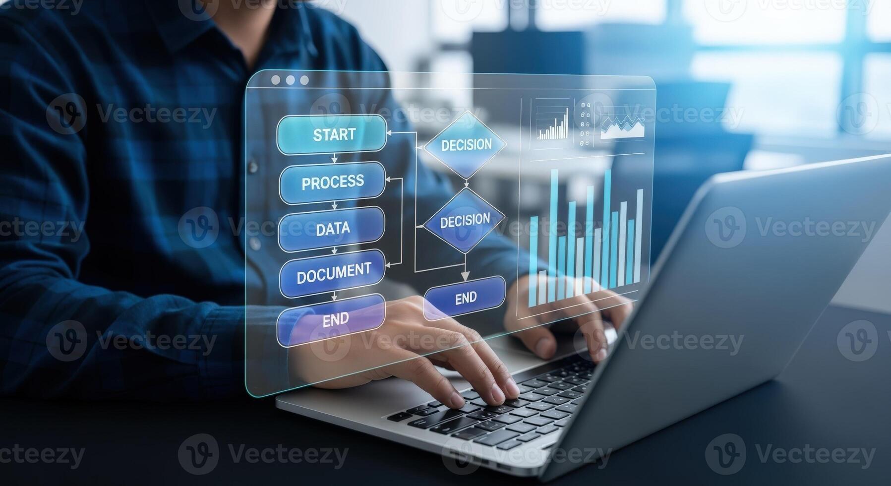 Business Analysis Man Working on Laptop with Data Flowchart, Digital Transformation, and Automation photo