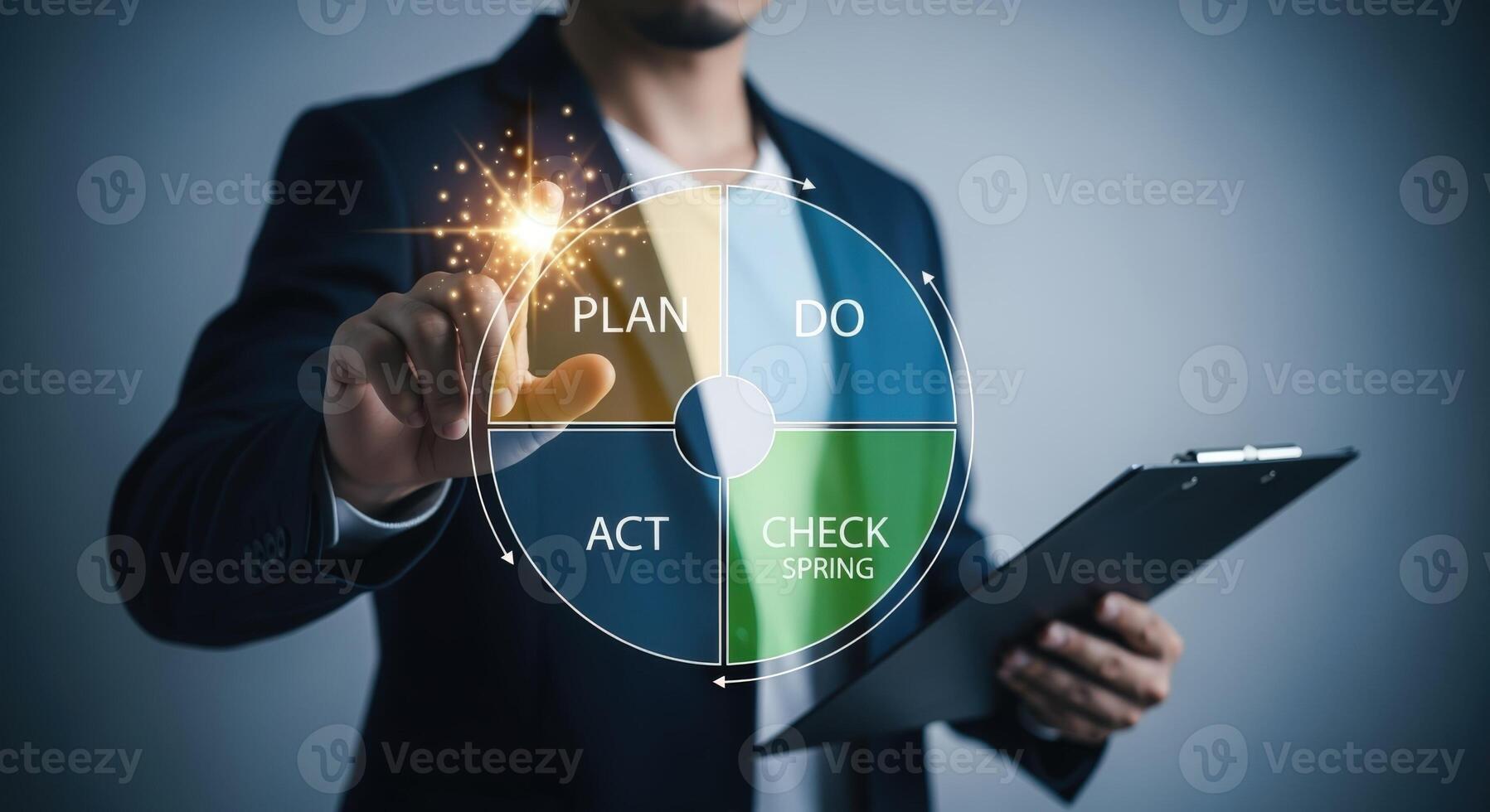 Business Professional Demonstrating PDCA Cycle with Digital Interface, Emphasizing Continuous Improvement and Strategic Management photo