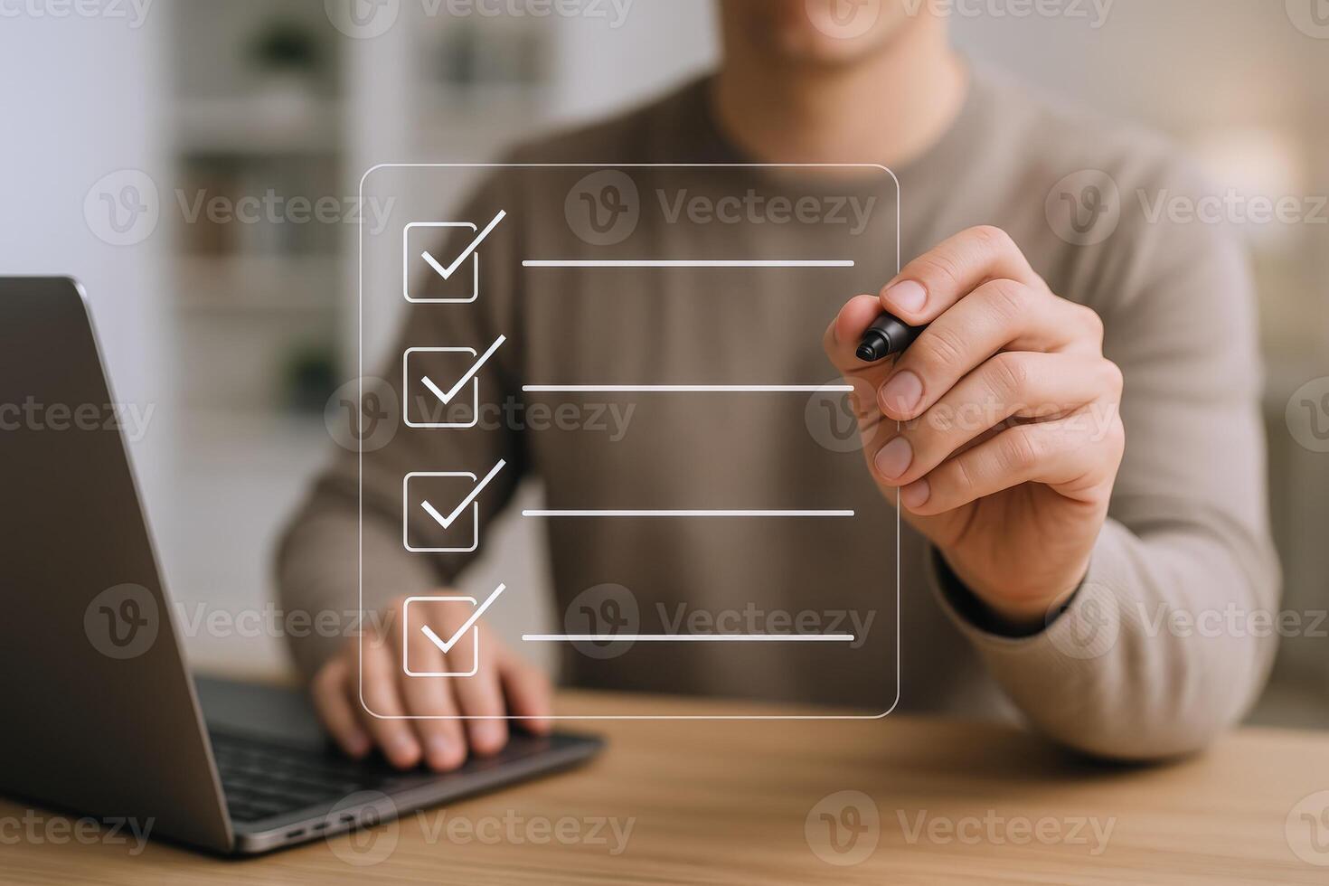 Digital Checklist Concept Man Using Stylus Pen to Complete Tasks on Virtual Interface photo