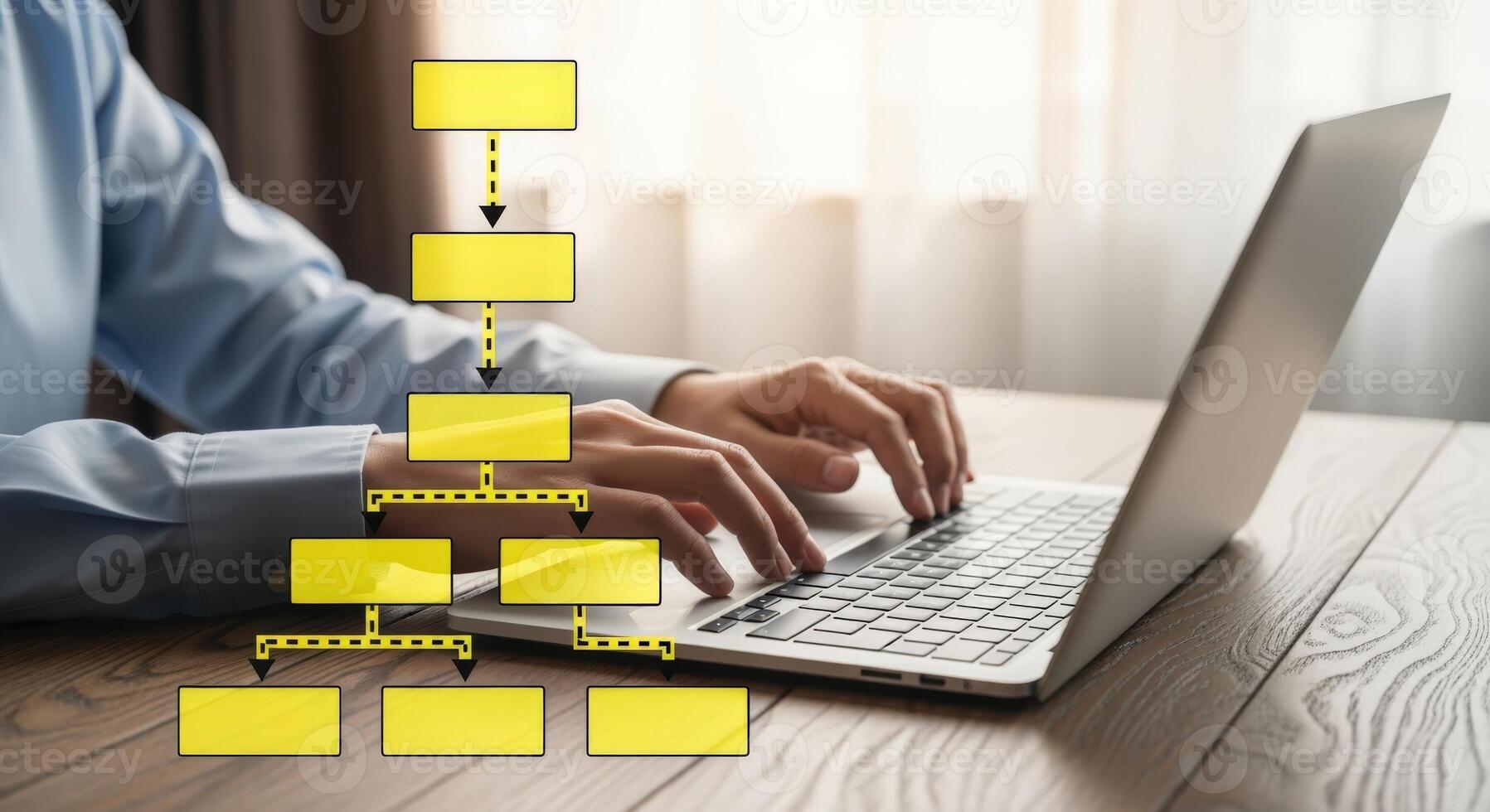 Business professional using laptop to create flowchart for project management and organizational structure design photo