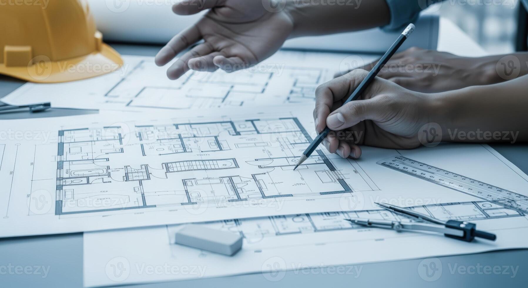 Architectural Blueprint Review with Hands, Pencil, and Tools in Office Setting for Construction and Design photo