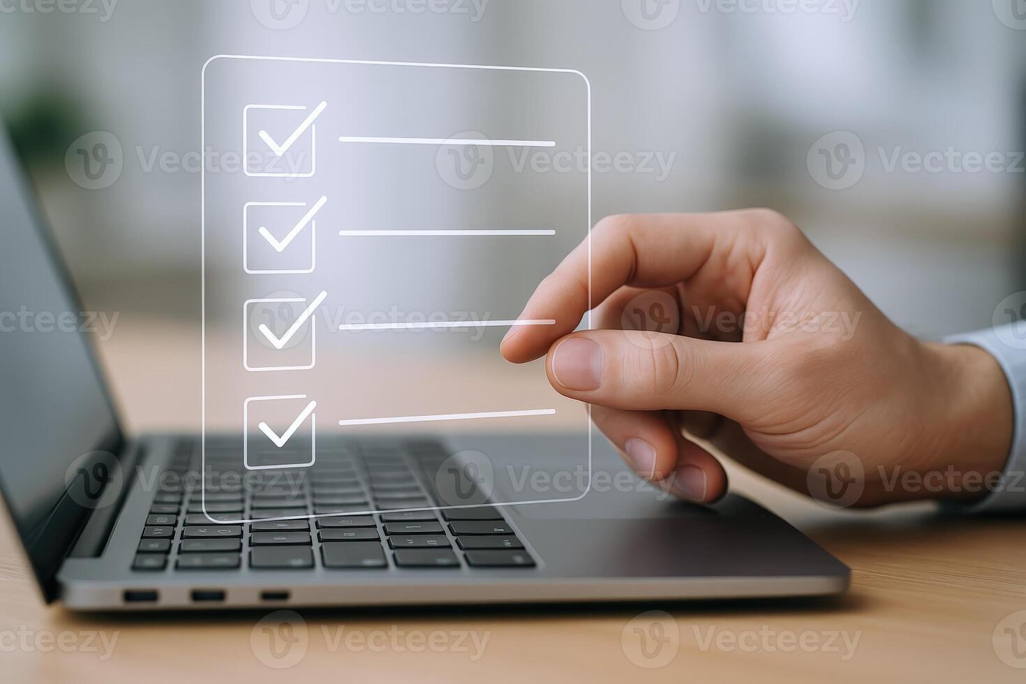 Completing Digital Checklist on Laptop Efficient Workflow, Task Management and Productivity Concept in Modern Business photo