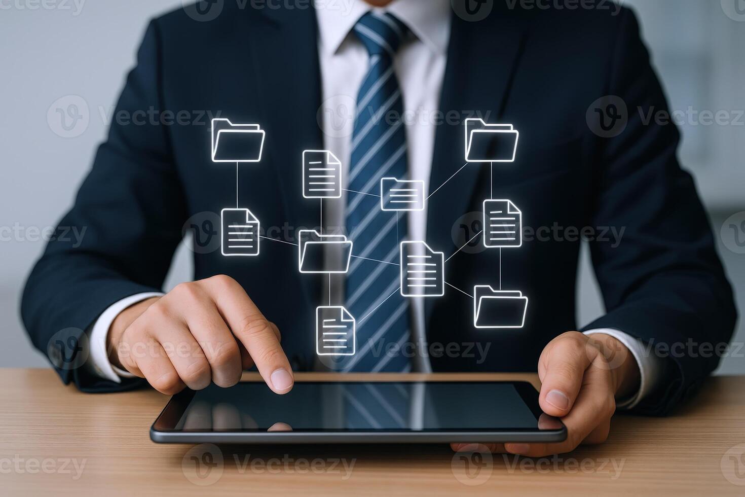 Businessman Using Tablet with Document Management System, Representing Workflow Automation and Digital Transformation photo